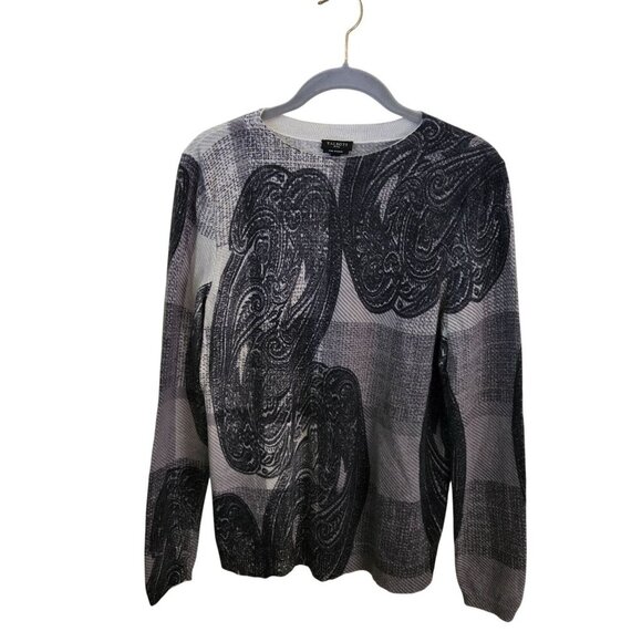 Talbots 100% Cashmere Gray Black Paisley Crewneck Sweater Size Lp - Picture 2 of 7